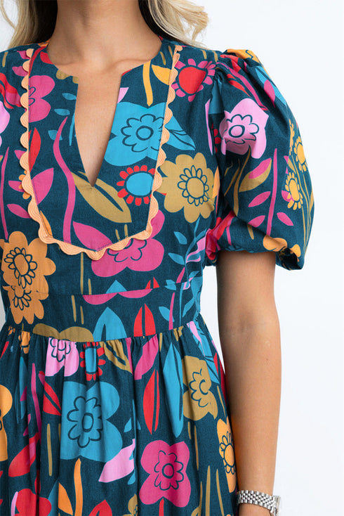 Retro Floral Printed Split Neck Maxi Dress